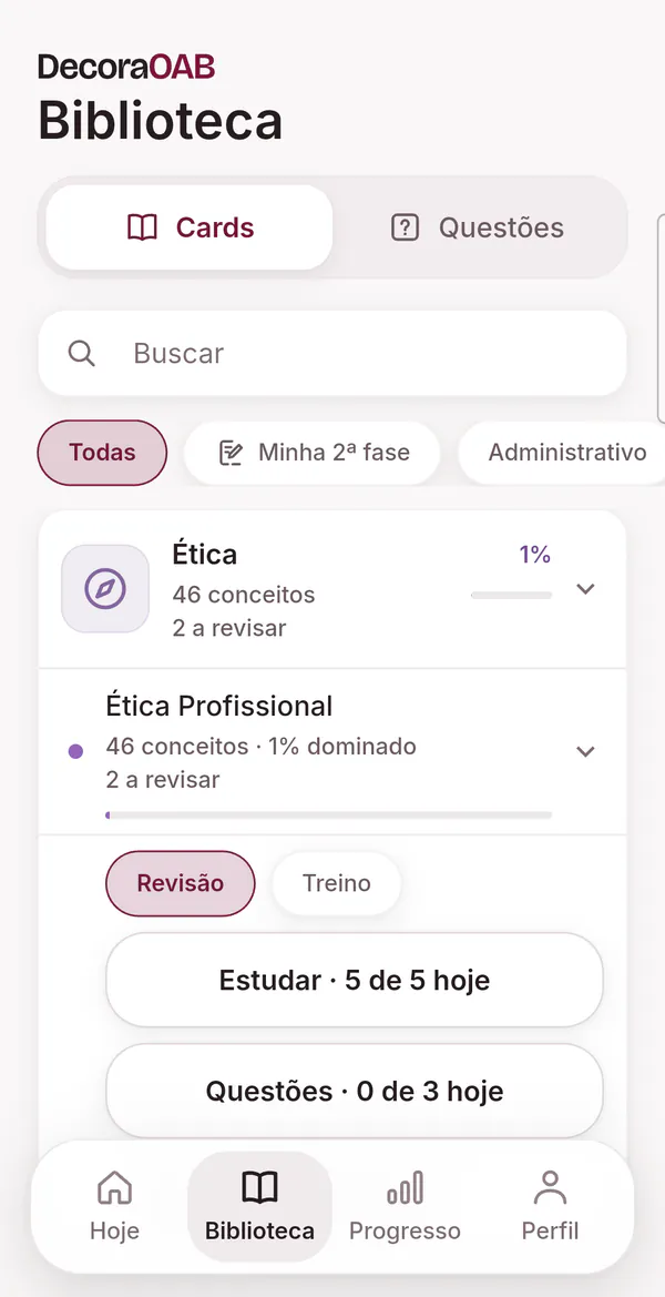 A aba do acervo no app, que lá se chama Biblioteca: a área Ética aberta na disciplina Ética Profissional, com 46 conceitos e os botões Estudar e Questões.