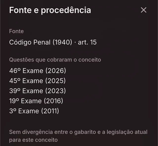 A folha ampliada. Fonte: Código Penal (1940), art. 15. Questões que cobraram o conceito: 46º Exame (2026), 45º Exame (2025), 39º Exame (2023), 19º Exame (2016) e 3º Exame (2011). Sem divergência entre o gabarito e a legislação atual para este conceito.
