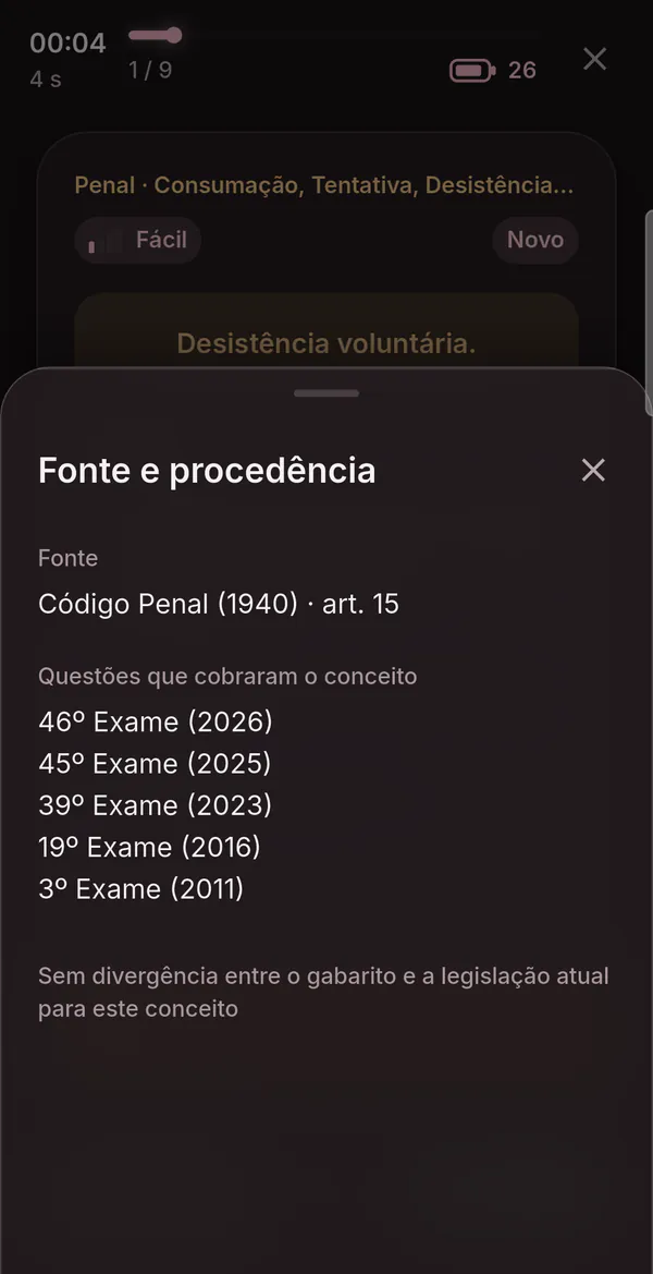 Folha “Fonte e procedência” aberta sobre um card de Direito Penal, no tema escuro do app.