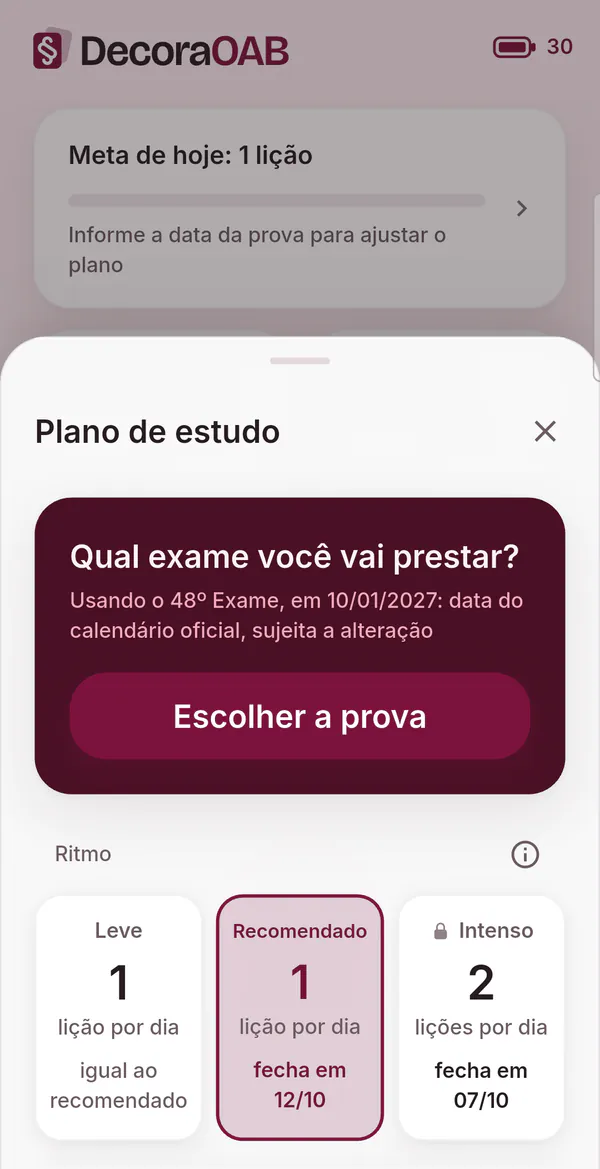 Plano de estudo: a escolha do exame, com a data do calendário oficial, e os três ritmos, Leve, Recomendado e Intenso.