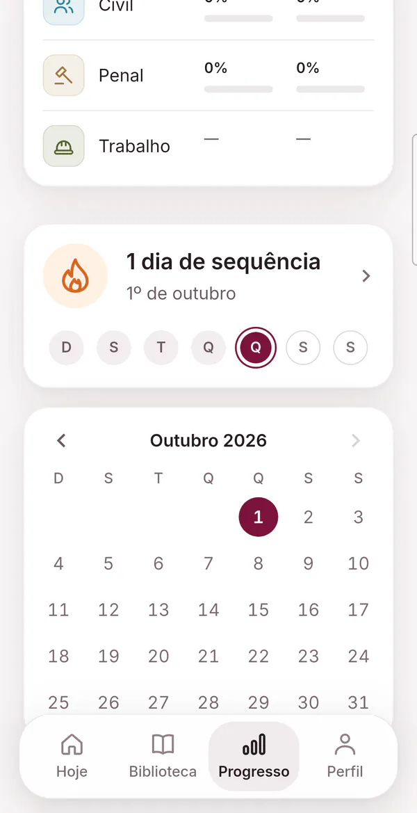 Tela Progresso: a tabela por área, a sequência de 1 dia e o calendário de outubro de 2026 com o dia estudado marcado.